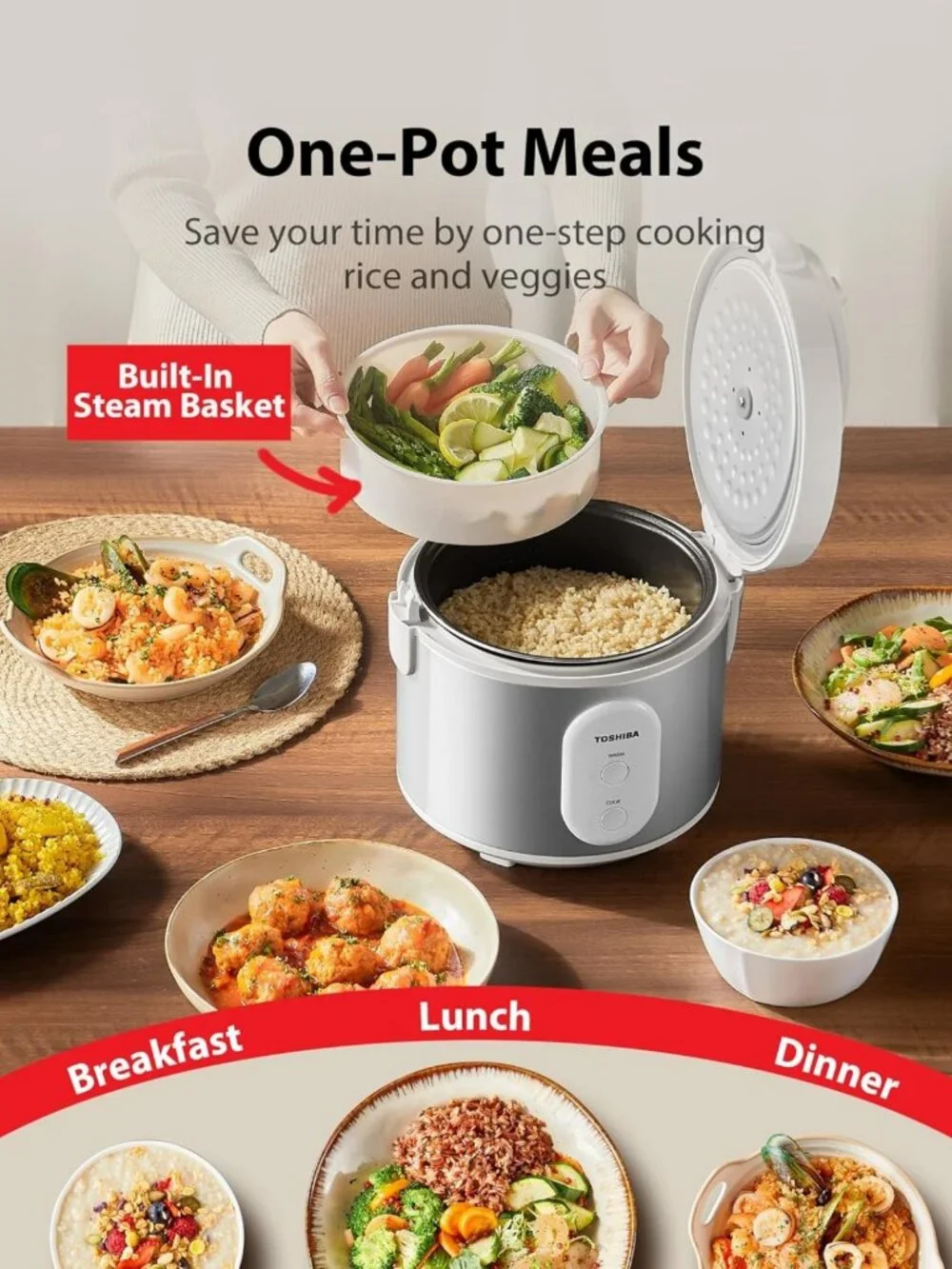 5.5 Cup Rice Cooker & Steamer with Non-Stick Pot, One-Touch Function, Silver